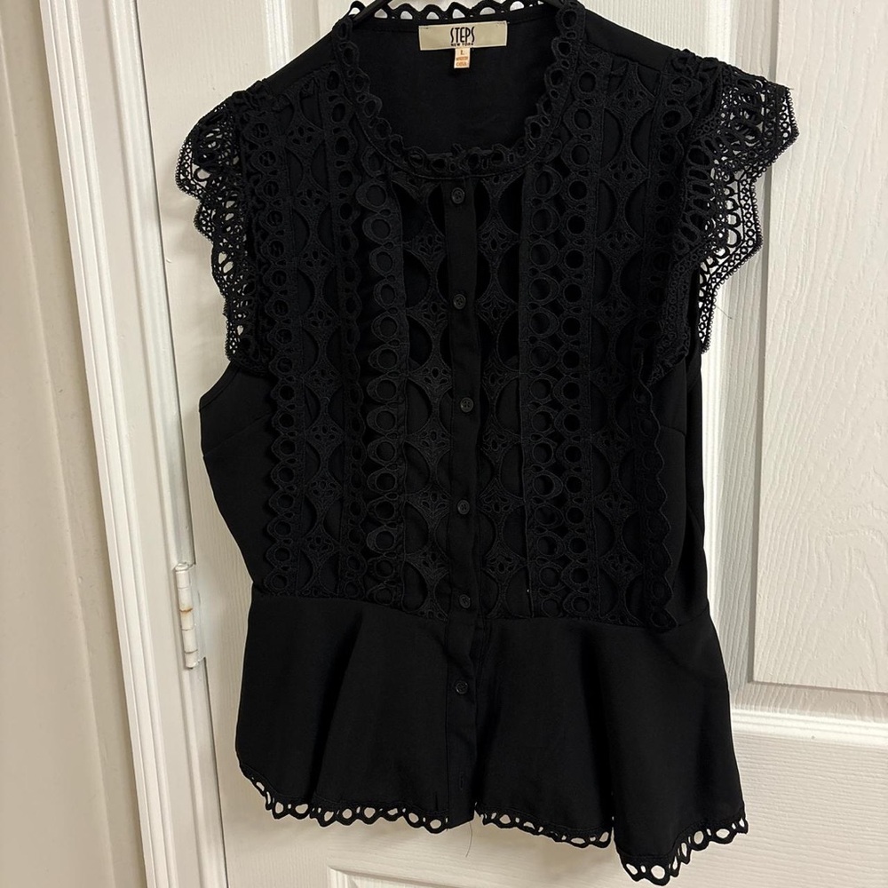Black Lace Peplum Button-Front Blouse